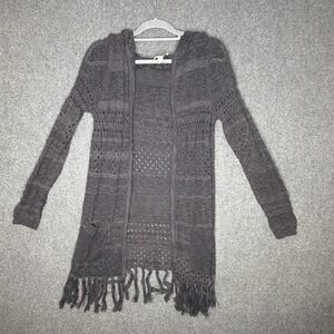Mudd Pointelle Duster Cardigan Sweater Charcoal Gray Hooded Fringe Open Front L